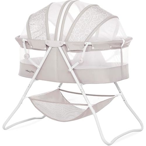 Dream On Me Karley Bassinet in Cool Grey, Lightweight Portable Baby Bassinet, Quick Fold and Easy to Carry , Adjustable Double Canopy, Indoor and Outdoor Bassinet with Large Storage Basket.