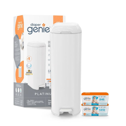 Diaper Genie Platinum Pail Gift Set, Lily White, Made of Durable Stainless Steel and Includes 2 Easy Roll Refills with 18 Bags and 30 Bags