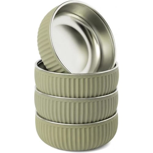 Monkey Proof™ Non-Toxic Stainless Steel Child Bowl 5” with Non-Slip Grooved Silicone Shell, (Set of 4 bowls) Unbreakable, Mess Free Feeding for Babies, Toddlers, Kids, BPA free (Olive Green Grooved)