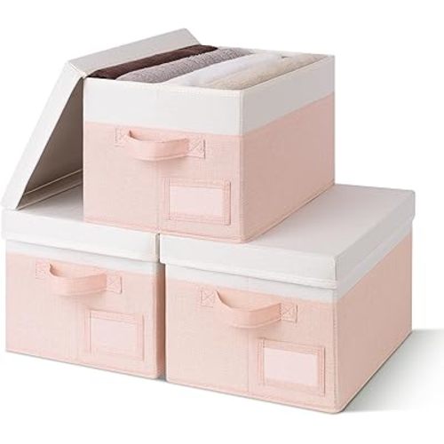 GRANNY SAYS Stackable Storage Bins with Lids, Decorative Closet Organizers, 3-Pack, Pink & Ivory