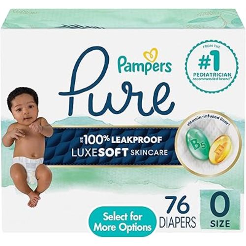 Pampers Pure Baby Diapers, Size 0, Up to 100% Leakproof, Premium Hypoallergenic Soft Diapers, 1 Pack (Count of 76)