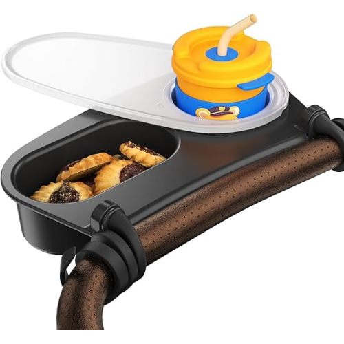 Upgrade Universal Stroller Snack Tray-Compatible with Nuna Uppababy Bugaboo,Stroller Cup Holder Tray with Silicone Arms Grip Bumper Bar,Stroller Tray Attachment with Cups Holder for Baby Toddler