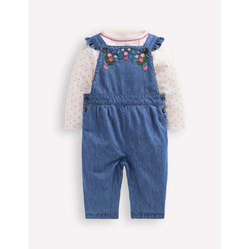 Woven Overalls Set-Blue Chambray Embroidery