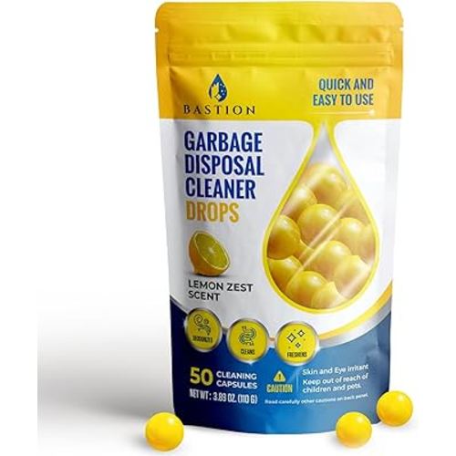 Garbage Disposal Cleaner and Deodorizer Drops- [[50-Count]] Lemon Zest Scented Kitchen Sink Freshener Pods & Drain Odor Eliminator Disposer Care Balls by Bastion