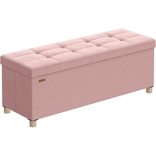 SONGMICS Storage Ottoman Bench, Folding Storage Chest, 15 x 43.3 x 15.7 Inches, Foot Rest Stool, 30 Gal. (112 L), Velvet Surface, for Bedroom, Entryway, Living Room, Jelly Pink ULSF0518R02