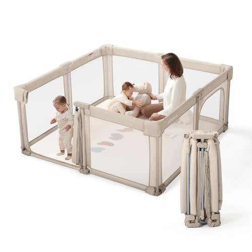 Baby Playpen Portable, Pre-Assembled Play Pen 59x59 Large Foldable Playpen for Babies and Toddlers, Sturdy and Safe Toddler Play Yard Indoor Outdoor with Carry Bag,Khaki