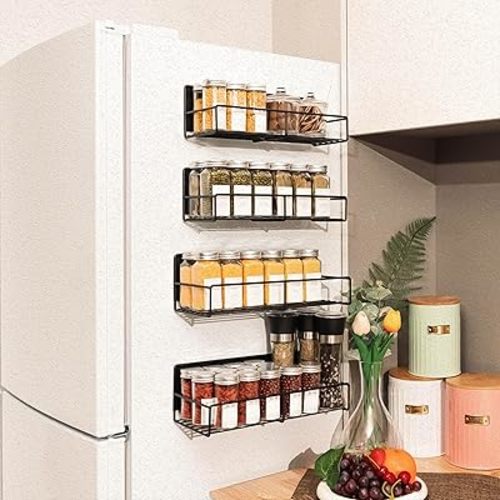 Strong Magnetic Spice Rack For Refrigerator, Large Size Space Saving Organizer, Durable Shelf for Oven, Fridge - 4 Pack - Iron - Black