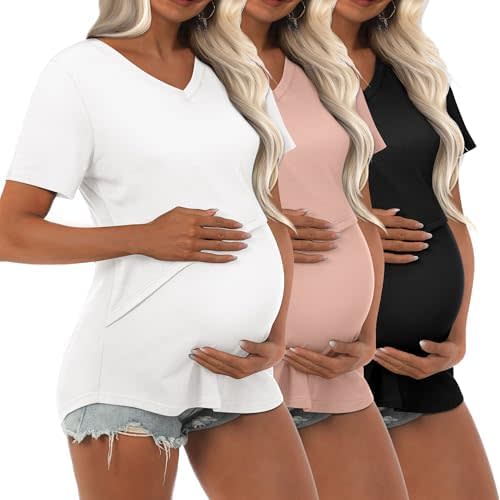 Ficerd 3 Pcs Women's Maternity Shirts Short Sleeve Double Layer Nursing Top for Breastfeeding Cotton V Neck Pregnancy Cloth