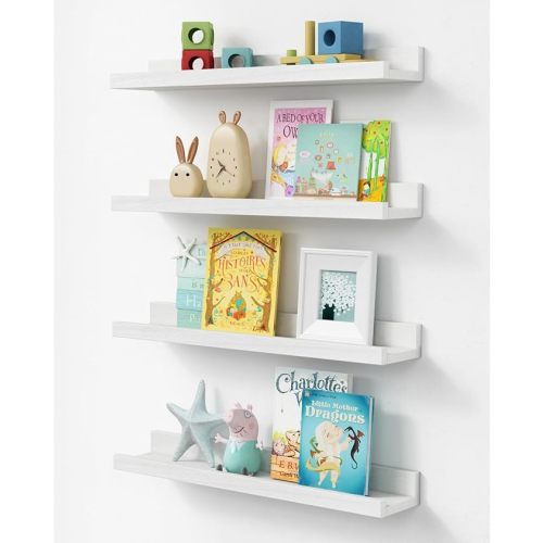 Forbena 24 Inch White Floating Shelves for Wall Set of 4, Wood Nursery Book Shelves for Kids Bedroom, Long Picture Ledge Shelf with Lip for Living Room Bathroom Office and Baby Wall Bookshelf