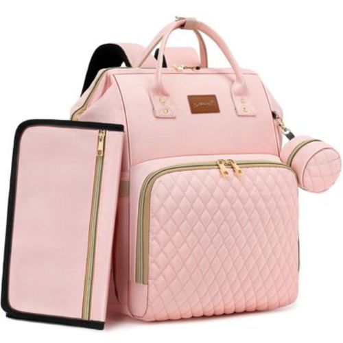 Narwey Pink Diaper Bag Backpack for Baby Girls - Baby Shower Gifts for Mom, Quilted Diaper Bag with Changing Pad