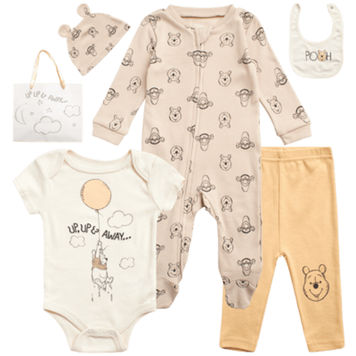 Disney Newborn Baby Layette Set - 6 Piece Disney Bodysuit Coveralls Sweatpants, Hat, Gift Bag (0-6M)