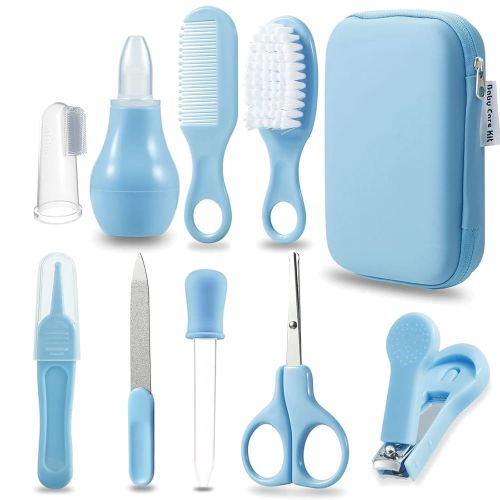 PandaEar Baby Grooming Kit, Baby Care Set Baby Comb, Brush, Finger Toothbrush, Nail Clippers, Scissors, Baby Essentials Nursery Care Kit (Blue)