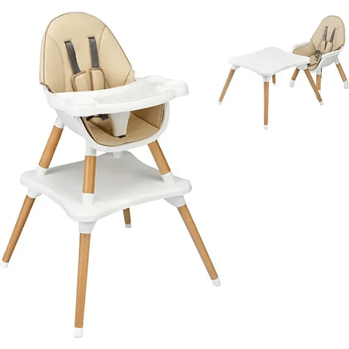 HONEY JOY Baby High Chair, 5-in-1 Convertible Wooden Highchair for Babies and Toddlers/Table and Chair Set/Toddler Chair with Safety Harness, 4-Position Removable Feeding Tray(Khaki)
