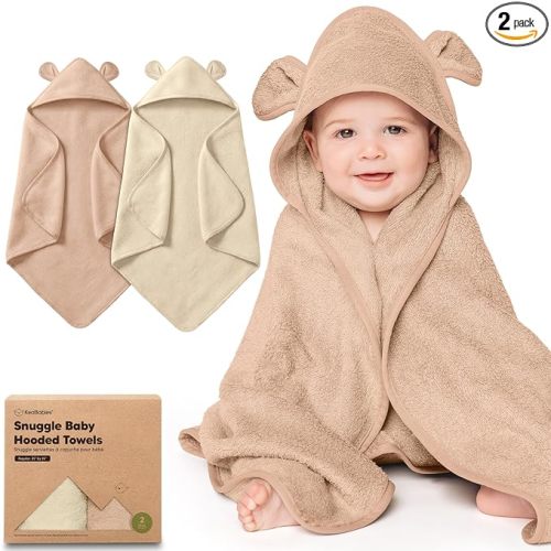 KeaBabies 2-Pack Hooded Baby Towels for Newborn - 35x35 Soft & Absorbent Viscose From Bamboo Baby Bath Towels with Hood for Infant, Toddler, Kids, Boys Girls, Newborn Bath Essentials (Almond, Regular)
