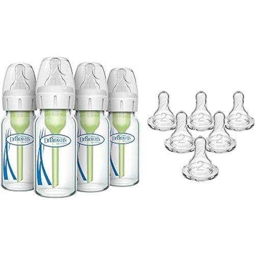 Dr. Brown’s Anti-Colic Narrow Glass Baby Bottles 4 oz 4-Pack with Level 1 Nipples + Level 2 Medium Flow Narrow Silicone Nipples 6-Pack Bundle, BPA Free, 0m+ and 3m+