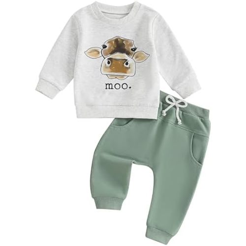 Pudcoco Toddler Baby Boys Girls Fall Clothes Farm Animal Outfit Horse Cow Chicken Sweatshirt and Jogger Pants Set