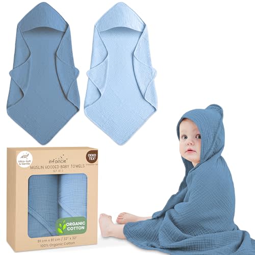 infancie Organic Cotton Muslin Baby Hooded Towels - 32x32 Inch, 2 Pack Newborn Bath Towels for Boys & Girls, Soft & Absorbent Bath Set (Deep Blue/Aquarius)