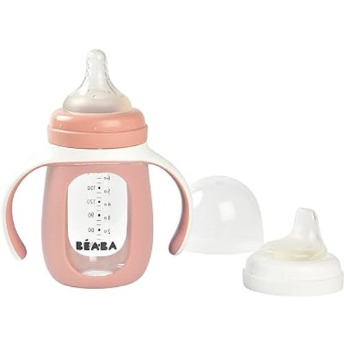 BEABA 2-in-1 Glass Baby Bottle to Glass Training Sippy Cup, Learning Cup, Baby Bottle with Soft Silicone Nipple and Sippy Spout, Baby, Toddler 7 oz (Rose)