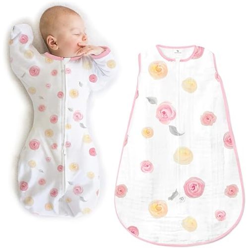 Amazing Baby Sleep Sack Set, Watercolor Roses, 0-3 Mo Transitional Swaddle Sack with Arms Up Half-Length Sleeves & Mitten Cuffs and 0-6 Mo Cotton Muslin Sleep Sack with 2-way Zipper