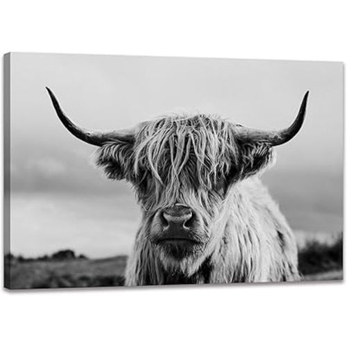 Highland Cow Wall Art Canvas Print Black and White Animal Canvas Picture Framed Art Wall Decor for Bedroom Bathroom (12x16 inch)