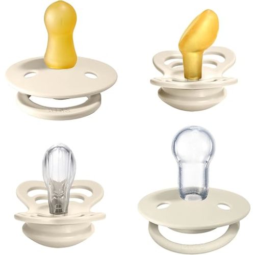 BIBS Try-it Baby Pacifier 4-Pack. BPA Free Soother | Made in Denmark, Round, Symmetrical and Anatomical Nipple. Natural Rubber Latex, Size 1 (0-6 Months), Ivory