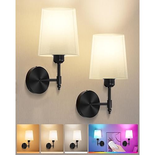 Ouyulong Battery Operated Wall Sconces Set of 2, Wireless Rechargeable Dimmable Wall Light with 5600mAh RGB Bulb and Remote for Bedroom, Living Room, Hallway (Black)