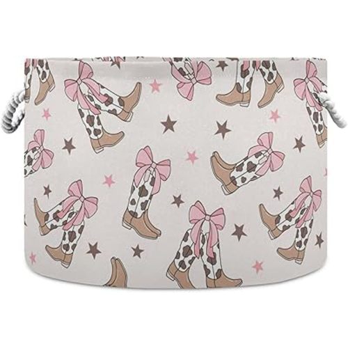 Wusikd Coquette Bows Cotton Rope Basket Cowgirl Boots Baby Laundry Basket for Blankets Toys Storage Basket Bins Box Organizer Basket