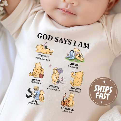God Says I Am Baby Onesie®, Christian Pooh Bear Baby Bodysuit, Cute Faith Infant One Piece, Religious Bear Newborn Outfit, Baptism Gift