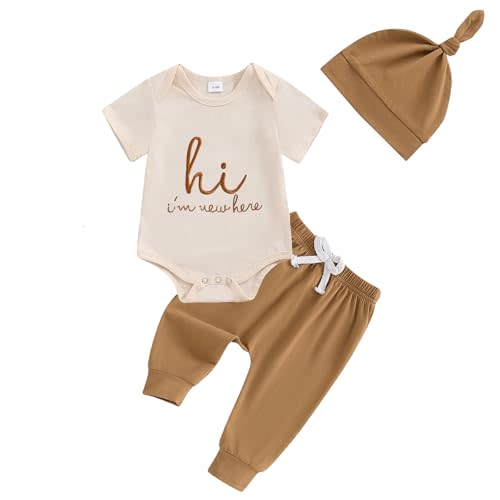 Gobuuly Newborn Boy Clothes Baby Boy Coming Home Outfit Hi I'm New Here Short Sleeve Romper Pants Set Hat Summer Clothing