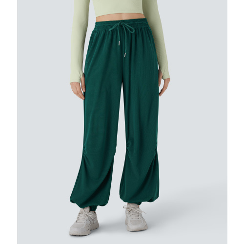 High Waisted Drawstring Waffle Running Joggers
