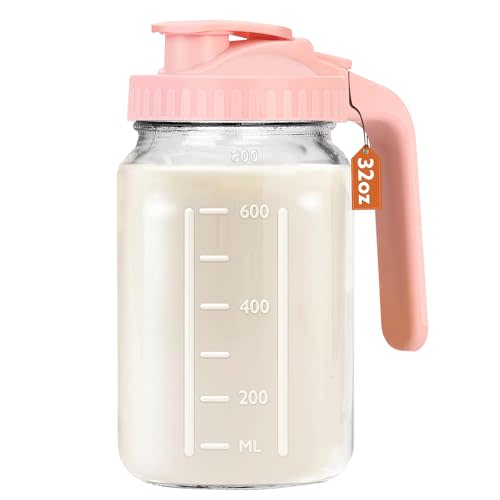 Mihlapi Breast Milk Pitcher, 32 OZ Mason Jar Pitcher with Lid Double Leak Proof,1 Quart Breastmilk Storage Containers for Fridge, Glass Jug for Sun Tea, Juice, Cold Brew Coffee