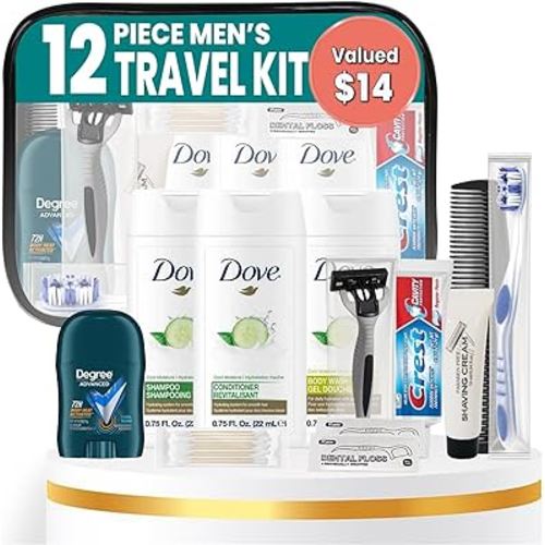 Trektote 12 Piece Men’s Travel Hygiene Kit with Toiletries & Grooming Essentials, TSA-Compliant, Clear Cosmetic Bag - Single or Bulk Packs