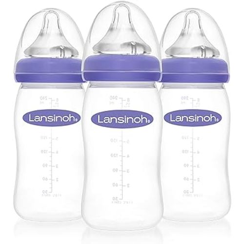 Lansinoh Anti-Colic Baby Bottles for Breastfeeding Babies, 8 Ounces, 3 Count, Includes 3 Medium Flow Nipples, Size M
