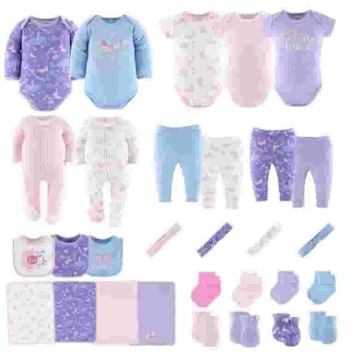 Peanutshell Newborn Baby Girl Shower Gift Set, Purple Pink Butterfly Themed Layette, 30-pieces, 0-3 Months