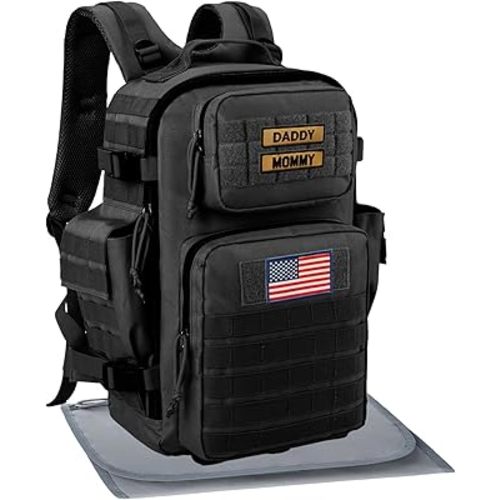 Diaper Bag Military for Men - Large Baby Backpack with Changing Pad for Active Dad - Insulated for Outdoor Travel Camping Park Trips Black