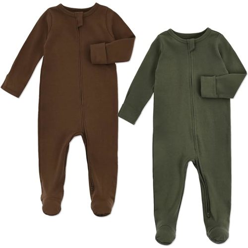 Aablexema Baby Pajamas with Feet and Mittens 2-Pack Zip Up Infant Cotton Long Sleeve Footies Sleep and Play