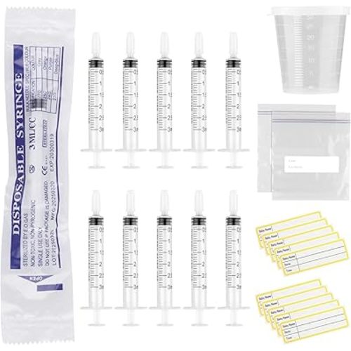 20 Sets 3ml Colostrum Syringes with Caps No Needle Colostrum Collector Kit Include 20pcs 3ml Sterile Syringes, 20 Labels, 2 Storage Bags and 1 Measuring Cup