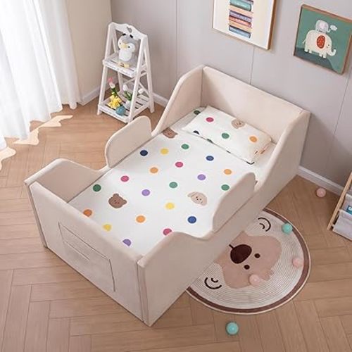 Toddler Floor Bed with Removable Safety Rails and Storage Bag, Kids Bed for Girl and Boys, Standard Crib Size, Safety Upholstered Child Beds, Low to Floor Design