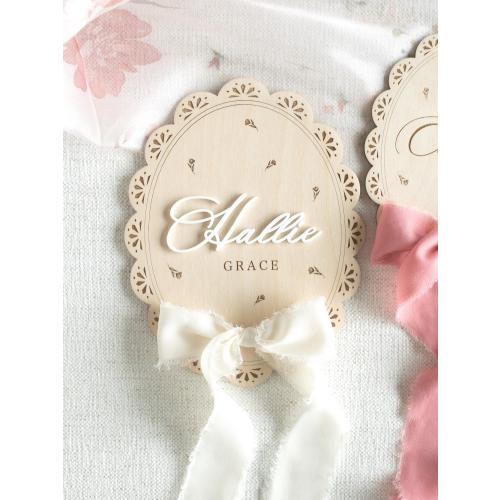 Newborn Name Announcement Sign: Engraved Wood Baby Plaque with Ribbon Bow