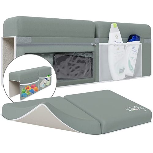 Bathtub Baby Bath Kneeler and Elbow Rest Pad Cushion - 1.5" Thick Supportive Foam Kneeling Pad Mat, 3 Toy Organizer Pockets, 1 Waterproof Zipper Pocket, Easy to Clean - Baby Bath Tub Baby Essentials
