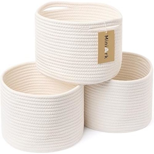 Small Storage Basket for Organizing | Cube Shelf Closet Storage Baskets | 9.7×9.7×7.1” Cute Baby Basket for Nursery | Woven Rope Basket Bins | Gift Basket Easter | Round 3 Packs Off White