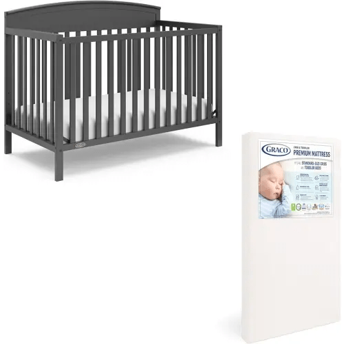 Graco Benton 5 in 1 Convertible Crib (GREENGUARD Gold Certified) with Premium Foam Crib and Toddler Mattress Included - Gray, Converts from Baby Crib to Toddler Bed, Daybed and Full-Size Bed