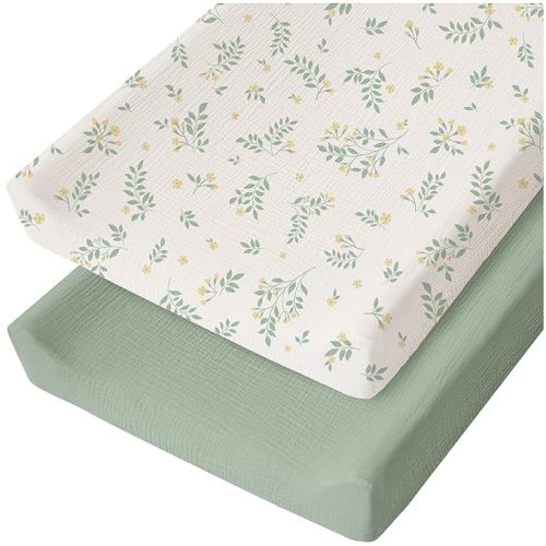 Konssy 2 Pack Muslin Changing Pad Cover for Baby Girls Boys 100% Cotton Fitted Diaper Changing Table Cover Set, Soft Changing Pad Sheets (Leafy,Green)