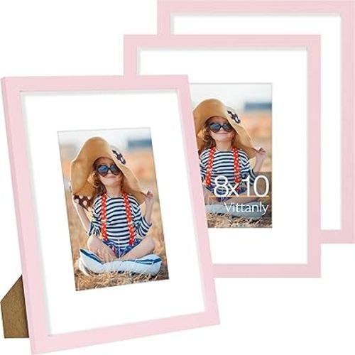 Vittanly 8x10 Picture Frame Set of 3, Display Pictures 5x7 with Mat or 8x10 without Mat for Wall Mounting or TableTop, Picture Frames for Wall Decor, Engineered Wood, Pale Pink