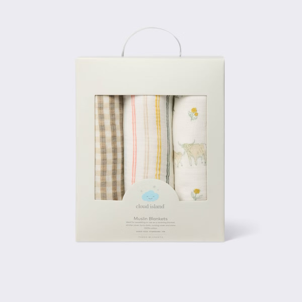 Muslin Swaddle Baby Blankets - Farm Friends - 3pk - Cloud Island™: Cream, 47" x 47", Stripes & Shapes Pattern