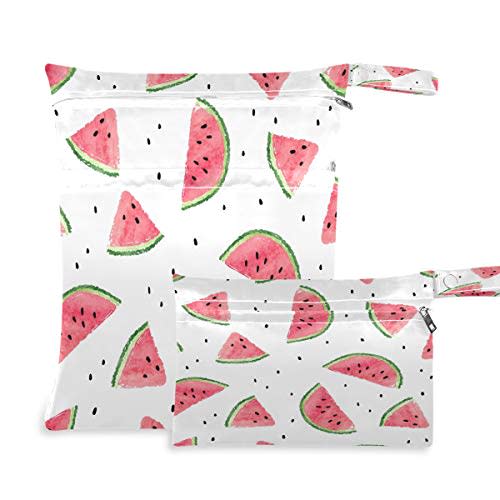 Waterproof Wet Dry Bag 2 Pack Summer Fruit Watermelon Pattern Cloth Diaper Bag Organizer Pouch Set with Zipper Pocket Washable Wet Bag for Travel Hiking Swimsuit