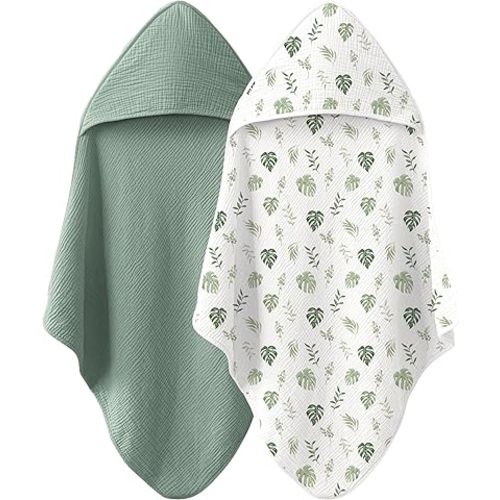 Muslin Baby Hooded Towels 2 Pack – 32x32 Inch Soft Absorbent Cotton Bath Towels with Hanging Loop, for Newborns and Toddlers
