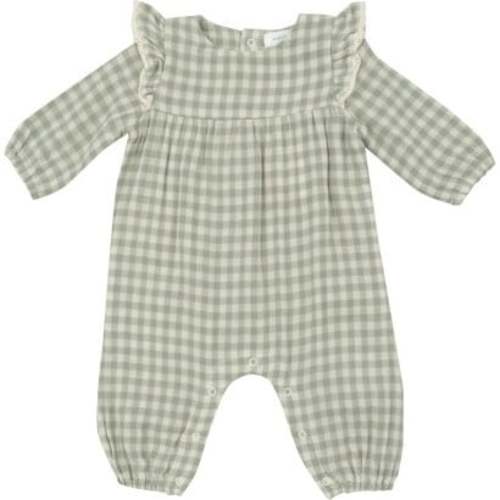 Mini Green Gingham Ruffle Sleeve Romper, Green