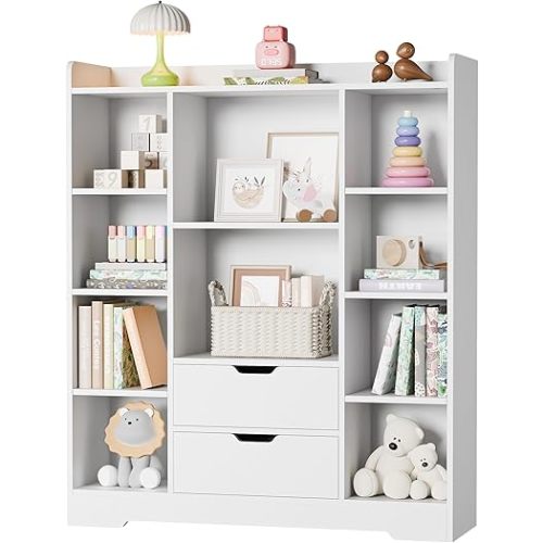 Cozy Castle Kids Bookshelf with Storage, 4-Tier Bookcase with 2 Drawers and 10 Cubes Storage Organizer for Bedroom, Playroom, Hallway, Living Room (White)