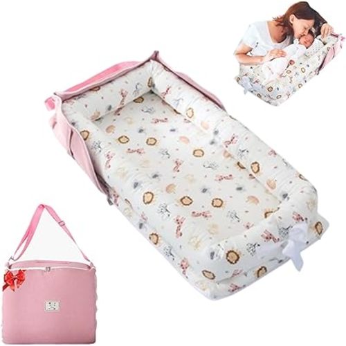 Baby Lounger with Strap,Baby Lounger for Newborn Portable,Baby Nest Play Mat Adjustable Size & Inner Zipper Lengthen Space to 24 Months(Animal World Pink)